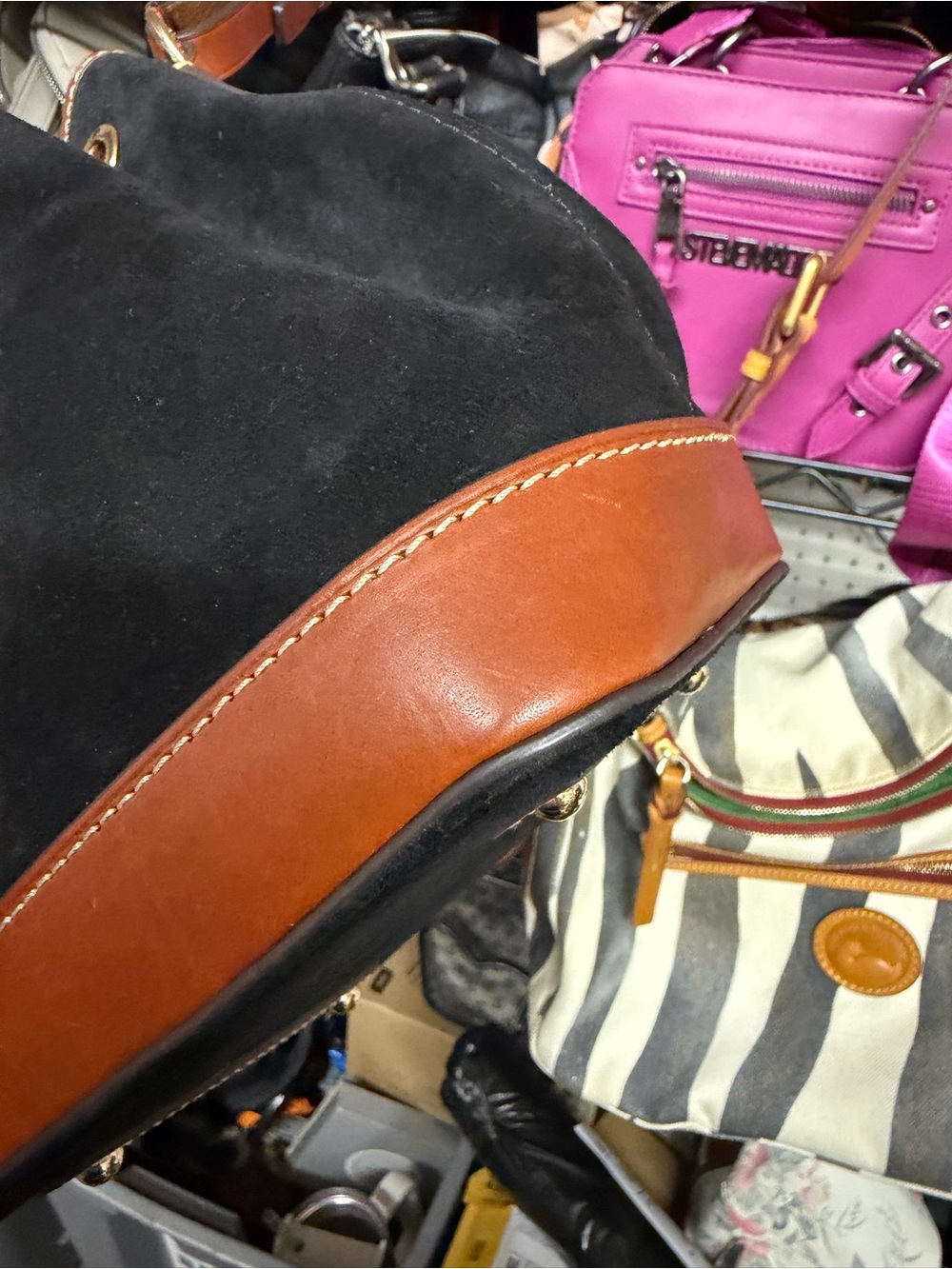 Dooney & Bourke Small Black Suede Bucket Bag with Tan Leather Trim - Picture 6 of 15